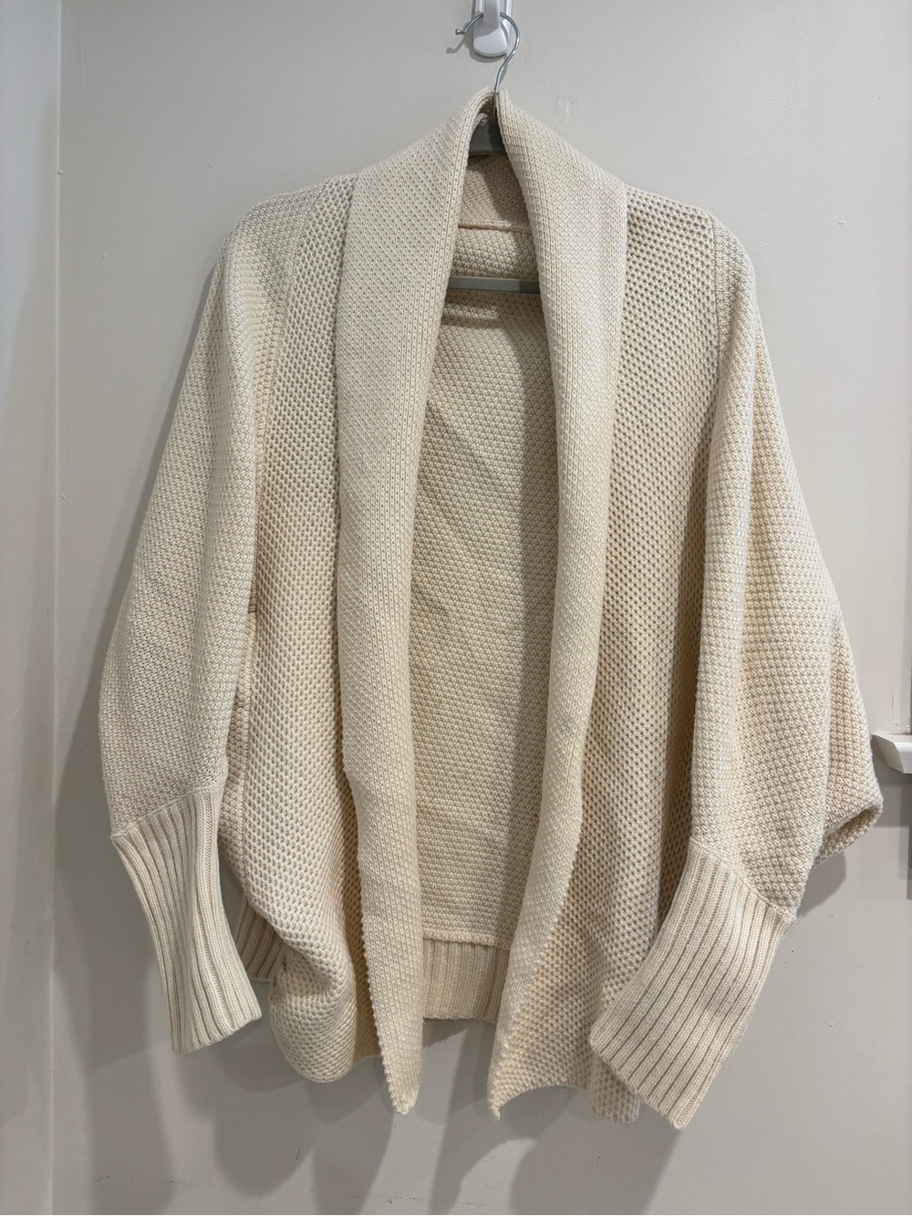 Women’s S Beige Cotton Knit Open-Front Shawl Collar 3/4 Sleeve Cardigan